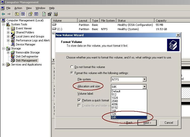 Once the appropriate allocation unit size is selected, the volume should 